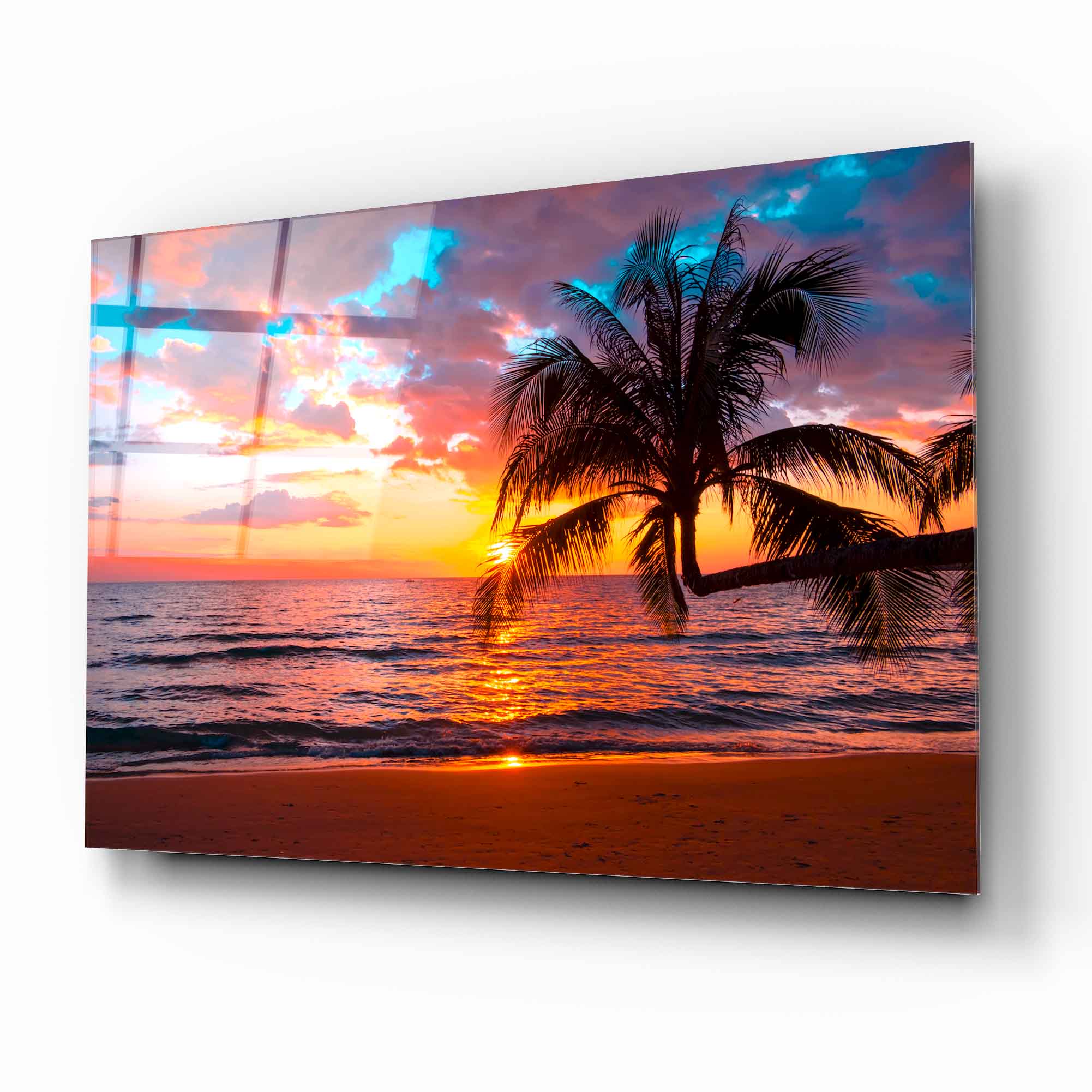 Sunset Beach Palm Glass Wall Art