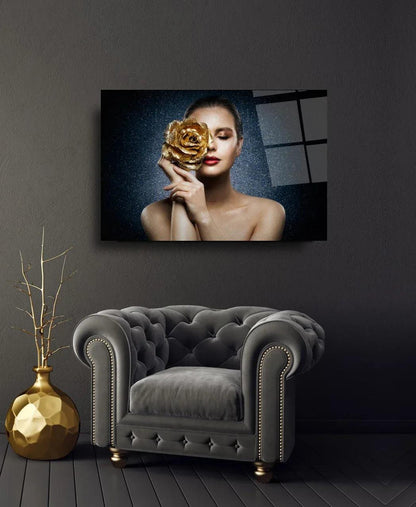 Woman with Rose Glass Wall Art - LUXARTDECO