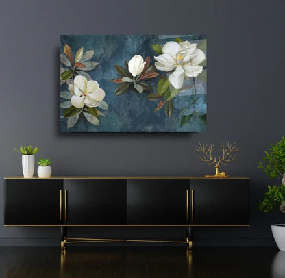 White Magnolia Glass Wall Art - LUXARTDECO