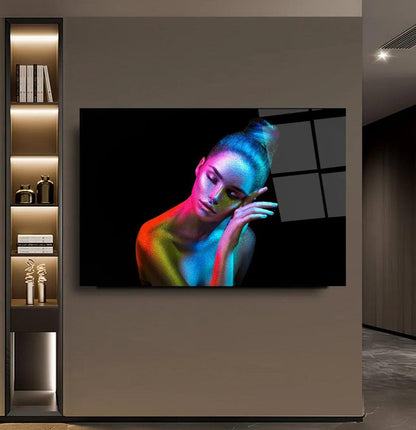 Neon Body Painting Woman Glass Wall Art - LUXARTDECO