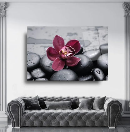 Orchid and Stones Glass Wall Art - LUXARTDECO