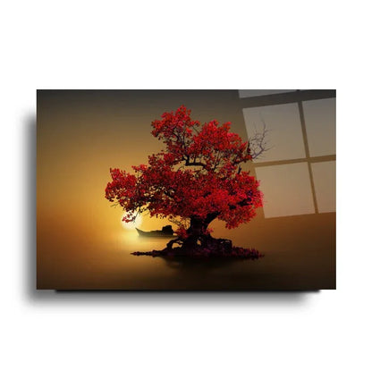 Red Tree Glass Wall Art - LUXARTDECO