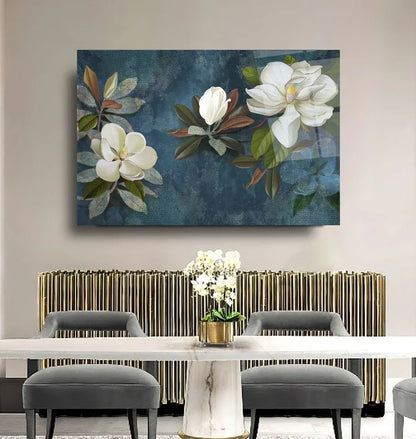 White Magnolia Glass Wall Art - LUXARTDECO