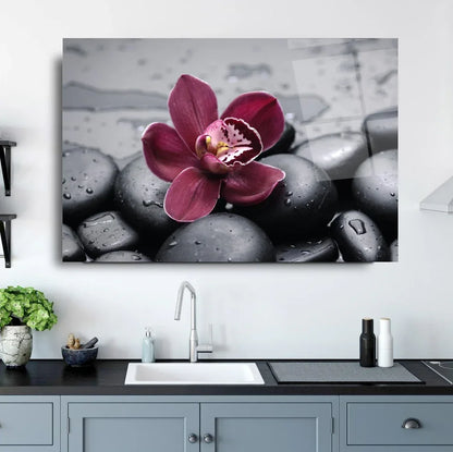 Orchid and Stones Glass Wall Art - LUXARTDECO