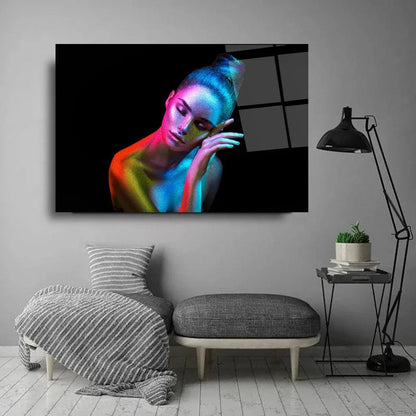 Neon Body Painting Woman Glass Wall Art - LUXARTDECO