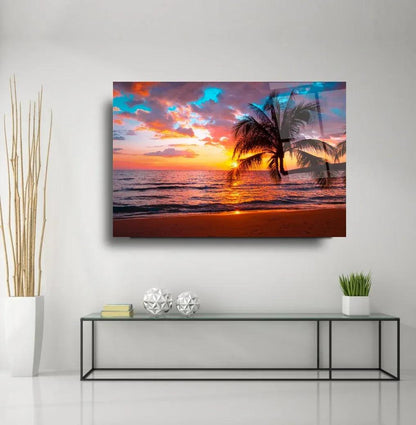 Sunset Beach Palm Glass Wall Art - LUXARTDECO
