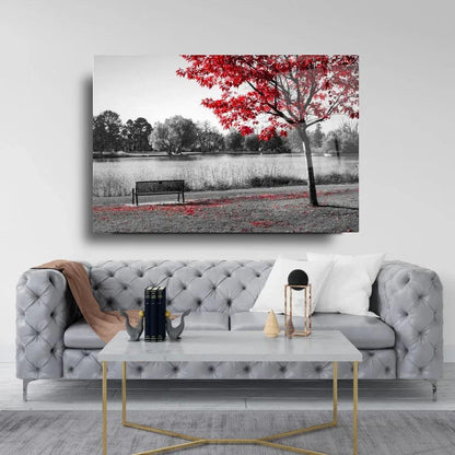 Red Tree Landscape Glass Wall Art - LUXARTDECO