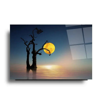 Moonlight Lake Tree Glass Wall Art - LUXARTDECO