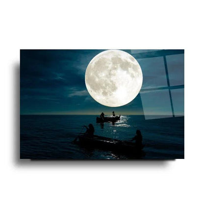 Moonlit Boat Glass Wall Art - LUXARTDECO
