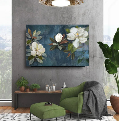 White Magnolia Glass Wall Art - LUXARTDECO
