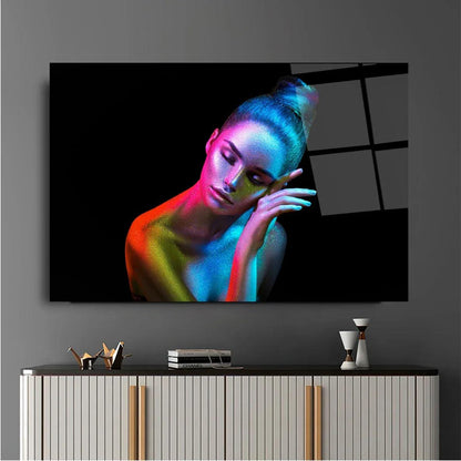 Neon Body Painting Woman Glass Wall Art - LUXARTDECO