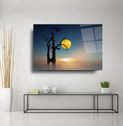 Moonlight Lake Tree Glass Wall Art - LUXARTDECO